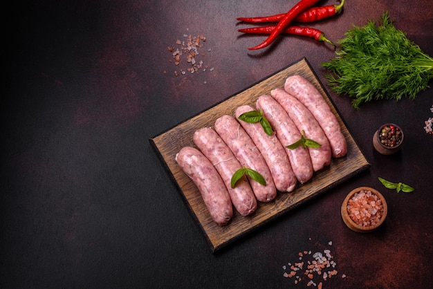 Raw sausages with ingredients on a cutting board on a dark concrete background with copy space