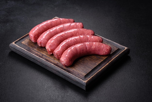 Raw sausages with ingredients on a cutting board on a stone background with copy space