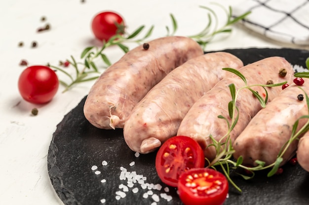 Raw sausages with spices and rosemary. Food recipe background. Close up.