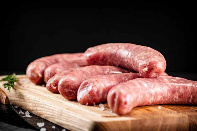 Raw sausages on a wooden cutting board