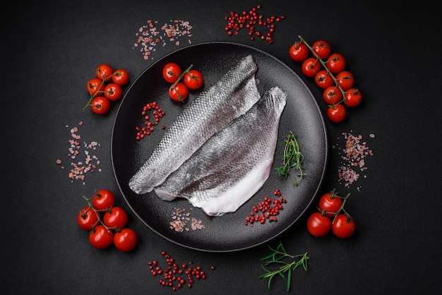 Raw sea bass fish fillet with salt spices and herbs on a ceramic plate