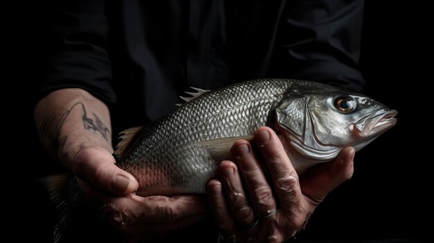 Raw Sea Bass Held by a Chef's Hand