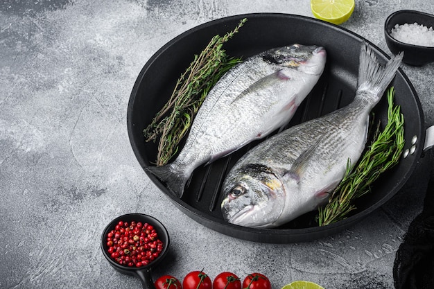 Raw sea bream or dorado raw fish on grill pan with ingredients on grey white textured background, side view space for text.