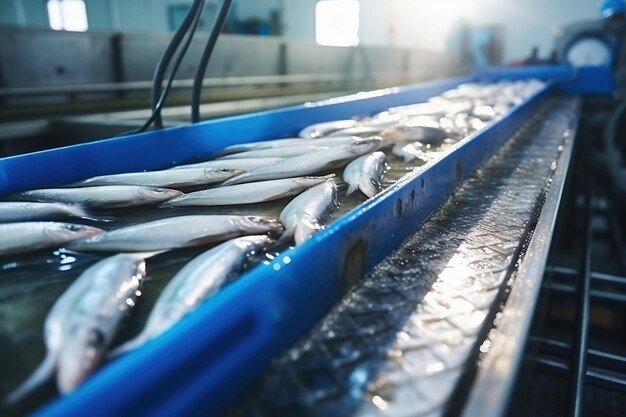 Raw sea fish on a factory conveyor Production of canned fish