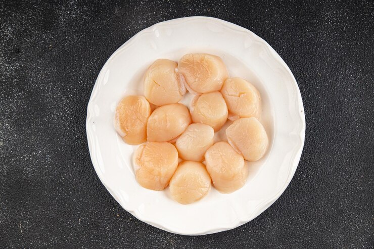 Photo raw sea scallop seafood fresh tasty food dish delicious gourmet food background on the table rustic food top view copy space keto and paleo diet vegetarian food pescetarian diet