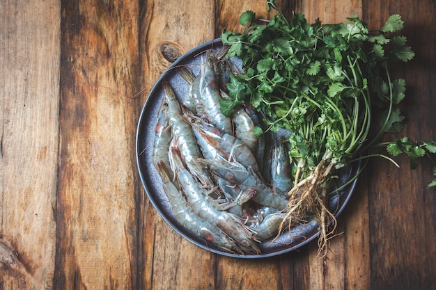 Raw seafood Fresh shrimps with cilantro on gray plate Wooden backround