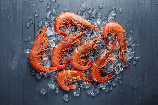 Photo raw shrimps on ice cubes