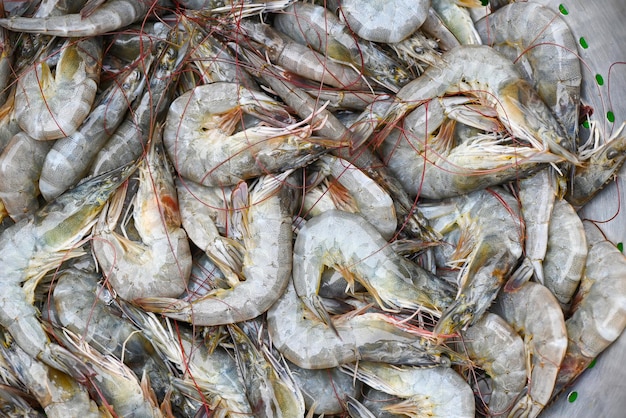 그릇에 새우를 씻고 있는 생새우 새우 배경 주방에서 해산물 요리를 위한 신선한 새우 새우