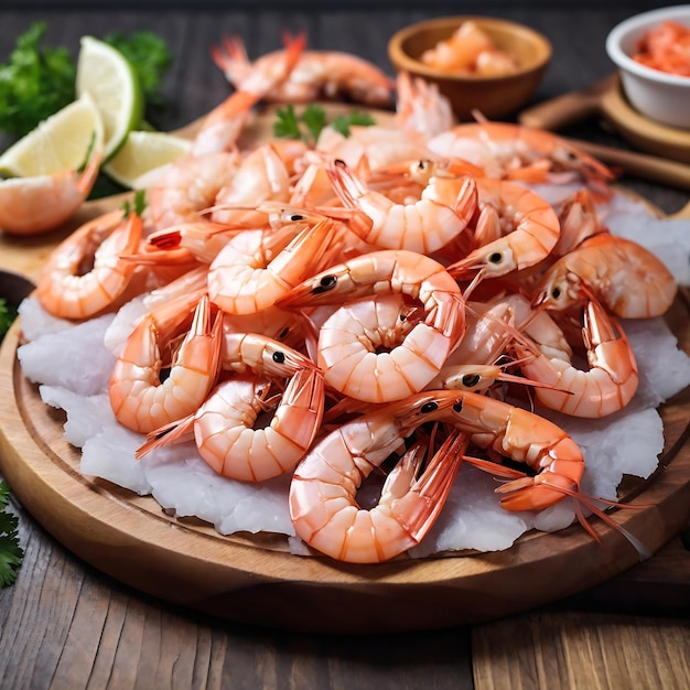 Raw shrimps on wooden cutting board plate