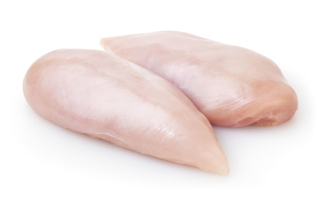 Raw skinless chicken breast fillet isolated on white background with clipping path