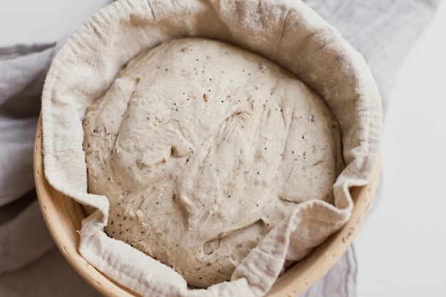 Raw sourdough bread in banneton