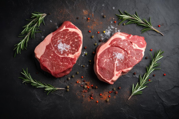 Raw steak on a blackboard top view