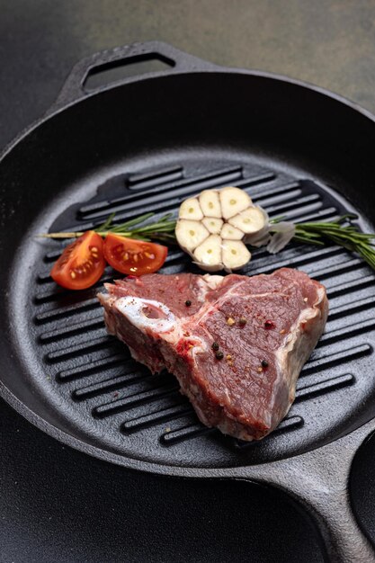 raw steak with spices in a cast iron pan