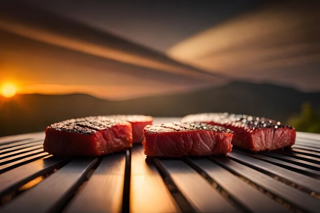 Raw steaks on a grill with a fire in the background