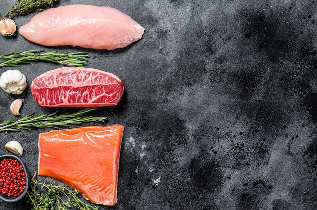 Raw steaks on table