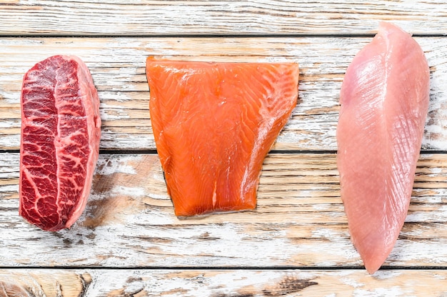 Raw steaks on table