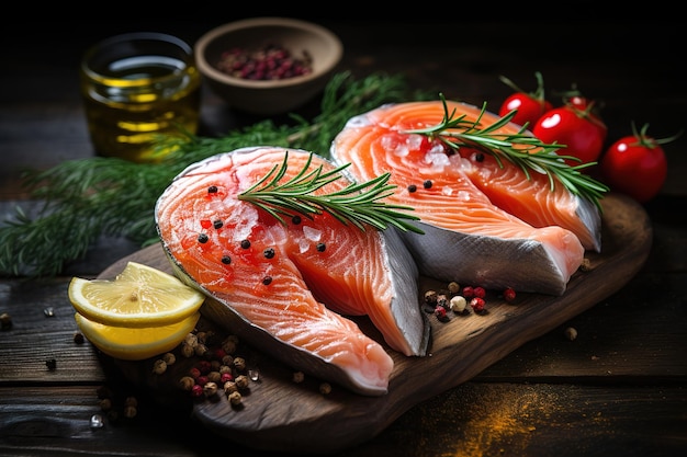 Raw and tasty salmon steaks on a cutboard surrounded with spices herbs and tomatoes