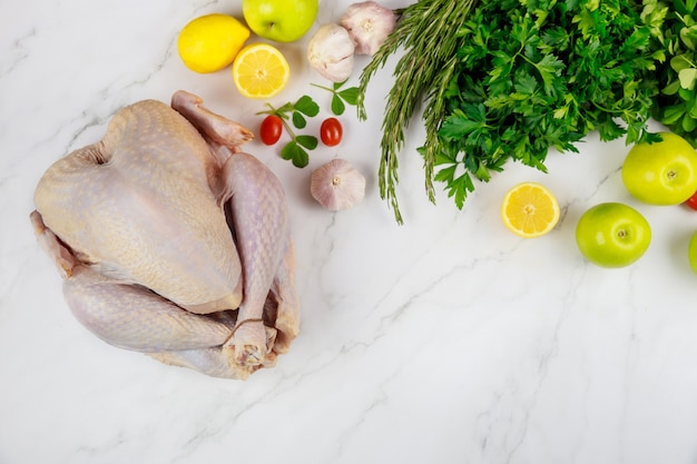 Raw Thanksgiving or Christmas turkey with herbs, lemon and apples on white background.