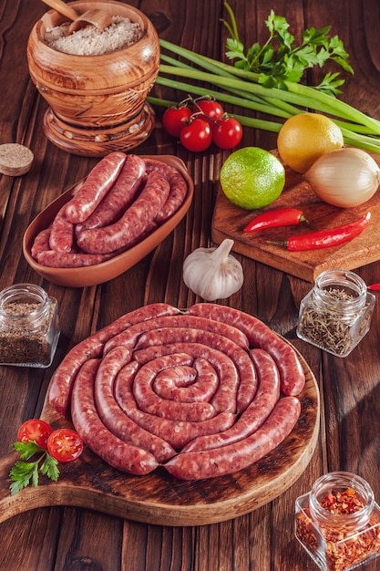 Raw thin brazilian sausages on the wooden board with ingredients