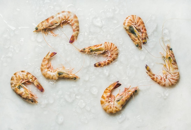 Photo raw tiger prawns on chipped ice over light grey background
