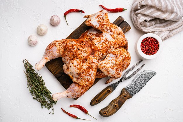 Set di pollo al tabacco crudo, su sfondo di tavolo in pietra bianca, vista dall'alto piatta