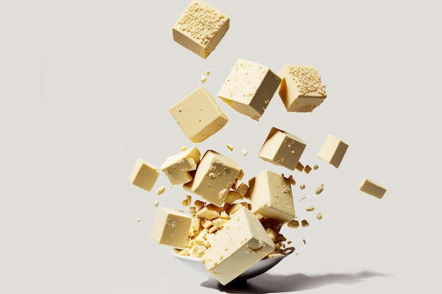 Raw tofu cubes dropping against a white background