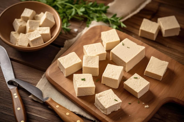 Фото Сырой тофу на кухонном столе нарезанный тофу профессиональная рекламная фотосъемка еды