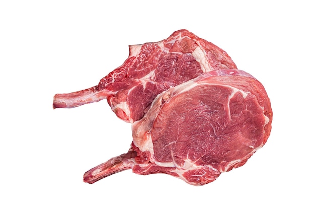 Raw Tomahawk beef veal steak on butcher table Isolated on white background