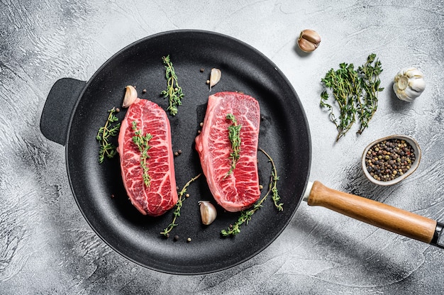 Raw top-blade steak in a pan 