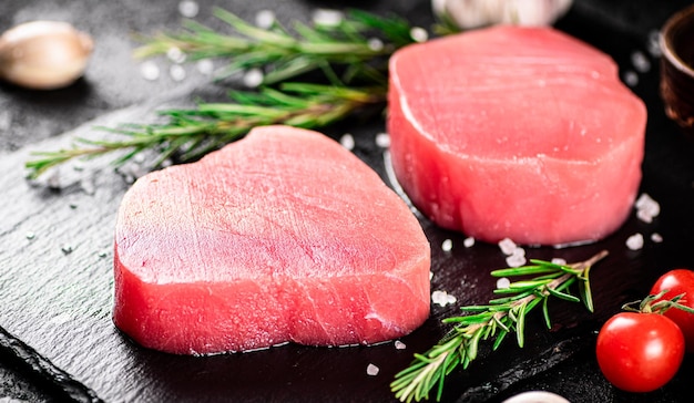raw tuna on a stone board with rosemary and garlic