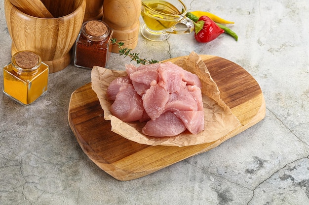 Raw turkey breat fillet cubes for cooking