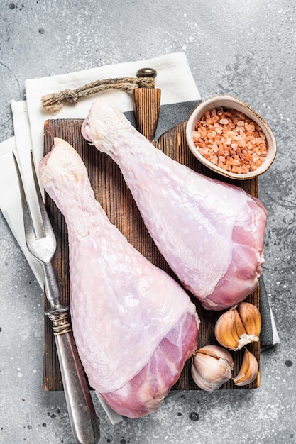 Raw turkey legs Poultry meat Gray background Top view