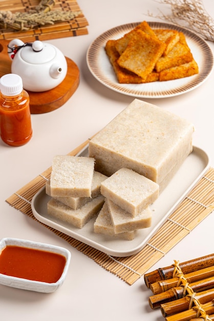 Raw Turnip cake (Chinese  Chai tow kway ). Turnip cake  is a common dish of Teochew cuisine.