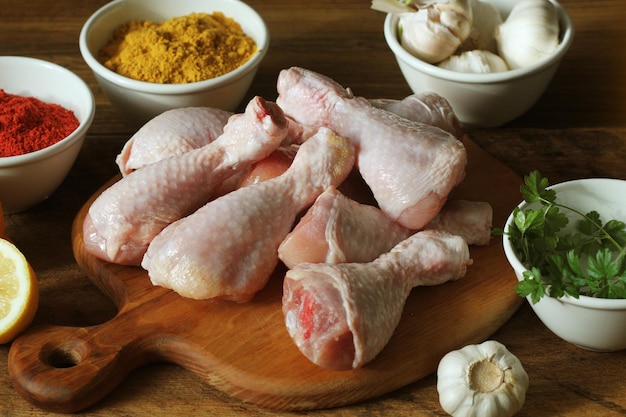 Raw uncooked chicken legs drumsticks on cutting board meat with ingredients for cooking