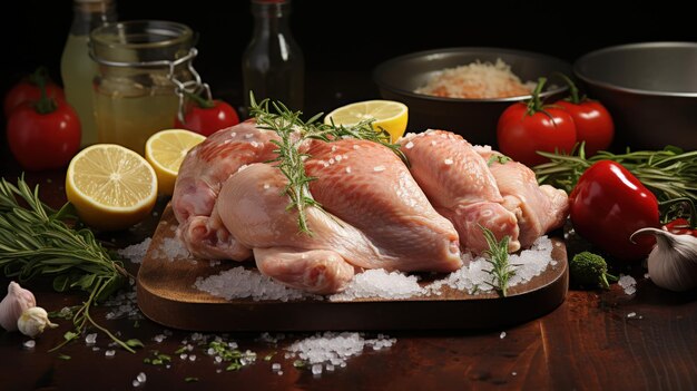 Raw uncooked chicken with ingredients for cooking