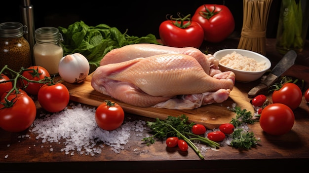 Raw uncooked chicken with ingredients for cooking