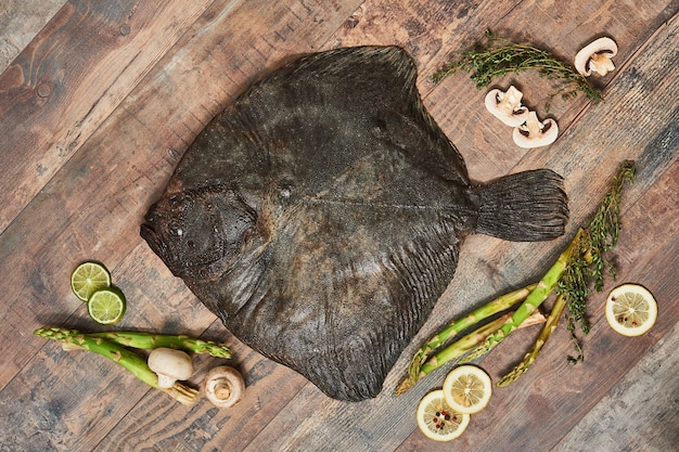 Raw uncooked flatfish with lemons, asparagus, herbs, mushrooms and spices on wooden table. European plaice, top view