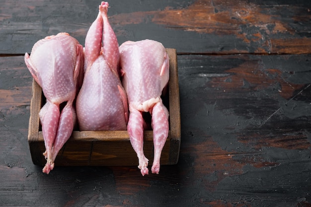 Raw uncooked quails on dark wooden background with space for text