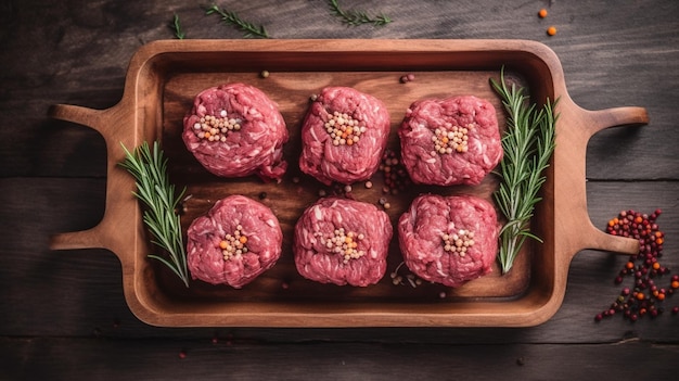 Photo raw veal beef oxtail meat in wooden tray with thyme