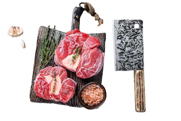 사진 원시 송아지 고기 스테이크 고기 오소 부코 요리 이탈리아 오소부코  바탕에 고립된 상단 보기