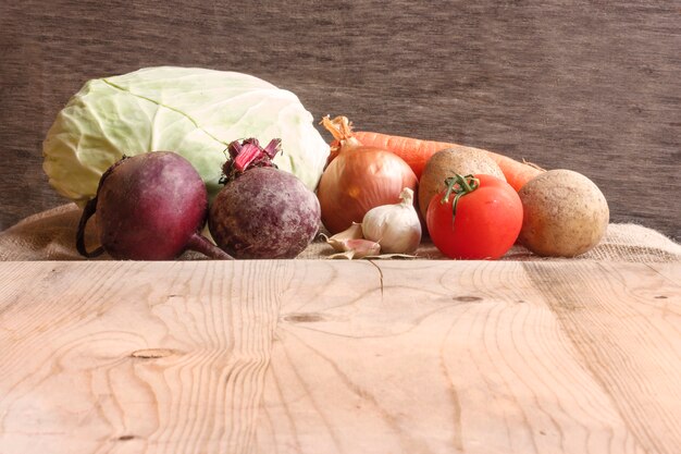 Raw vegetables for beet soup borscht. 