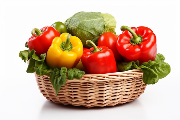 Raw Vegetables in Wicker Basket on White Background