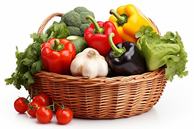 Raw Vegetables in Wicker Basket on White Background