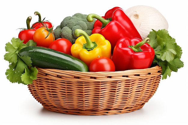 Raw Vegetables in Wicker Basket on White Background