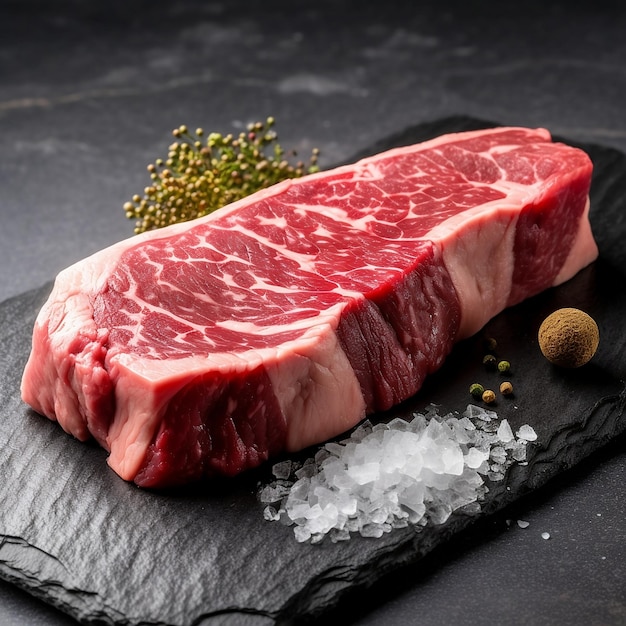 Photo raw wagyu a5 japanese steak on a slate with salt ai generated