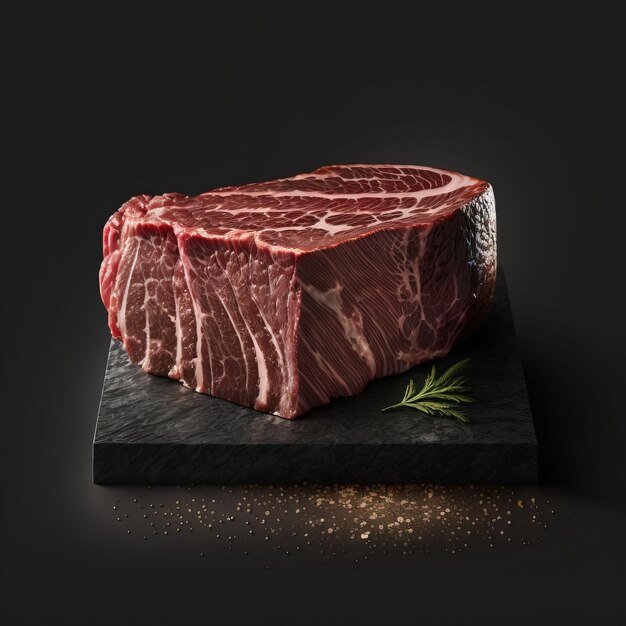raw wagyu meat on a squared black stone plate on dark background