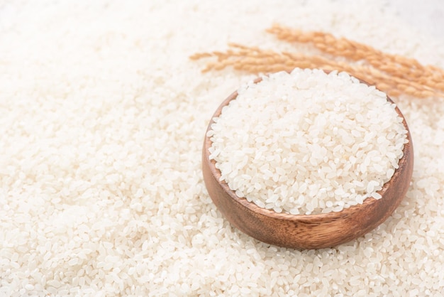 Raw white polished milled edible rice crop on white background in brown bowl organic agriculture design concept Staple food of Asia close up