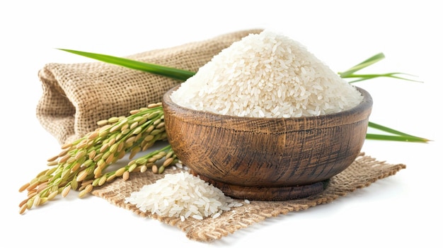 Raw white rice grains displayed in a bowl with a burlap sack and rice plant on a white background