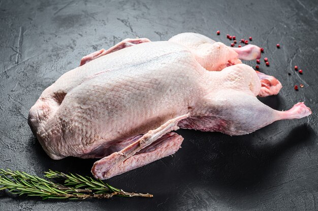 Raw whole duck with pepper and rosemary