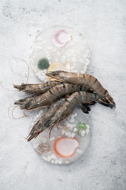 Raw whole fresh uncooked prawns shrimps on decorated ice with lime on gray stone background